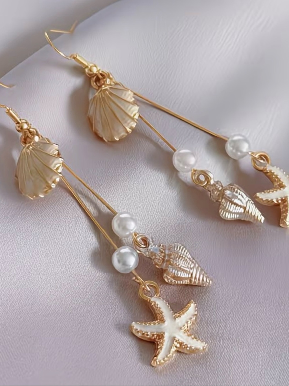 Gold-Tone Seashell & Starfish Drop Earrings with Pearl Accents